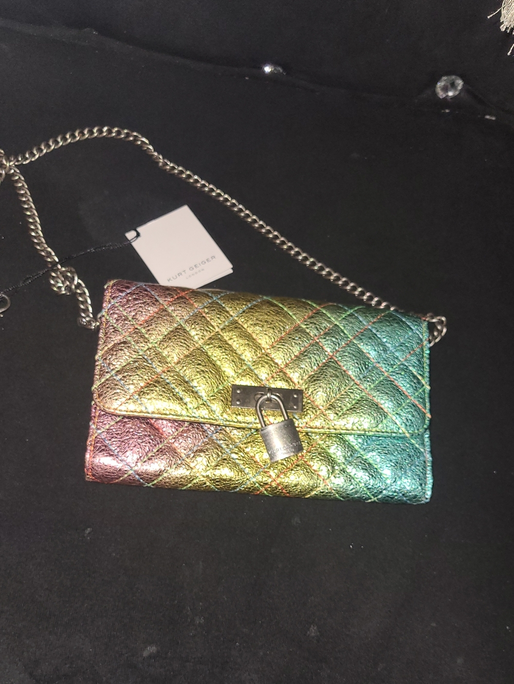 Kurt Geiger Iridescent Rainbow Quilted Padlock Crossbody Bag